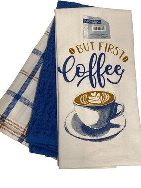 LOT of 3 Kitchen Towels Set Men Guy Unisex Coffee Lover saying But First Coffee